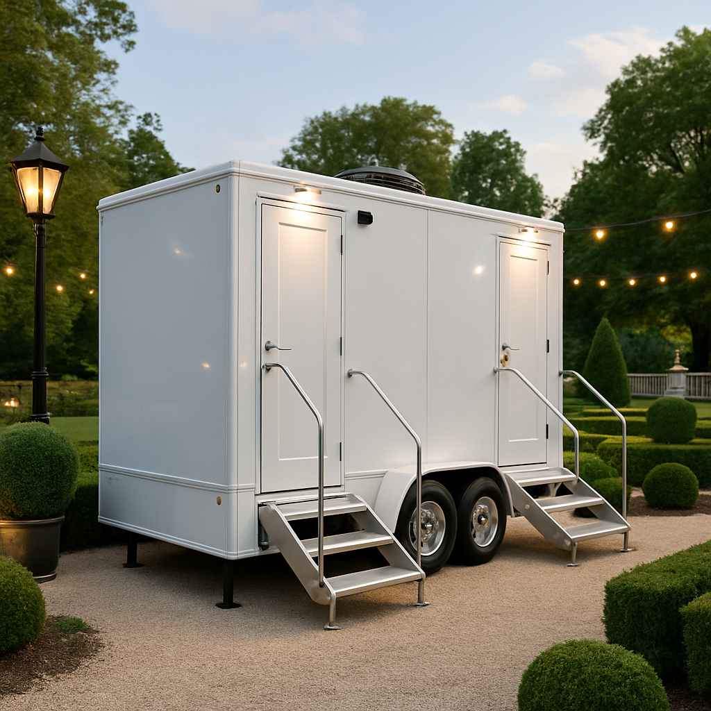 Luxury restroom trailer prepared for Baltimore waterfront reception